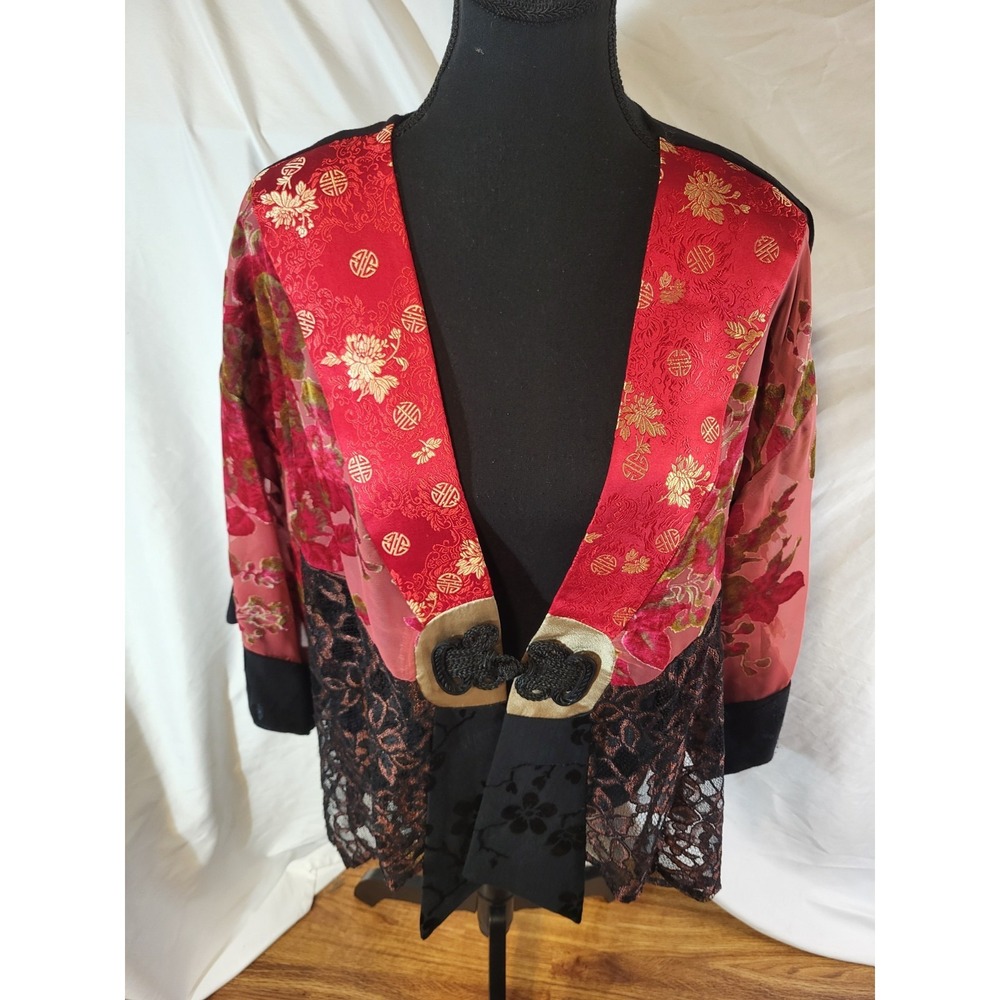 Womens Spencer Alexis Cardigan Kimono Wrap Tunic L Velvet Burnout Red Gold